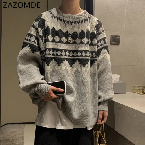 Men's 2021 Warm Sweater Korean Streetwear Fashion Pullovers Sweater Autumn Graphic Printed Casual Clothing