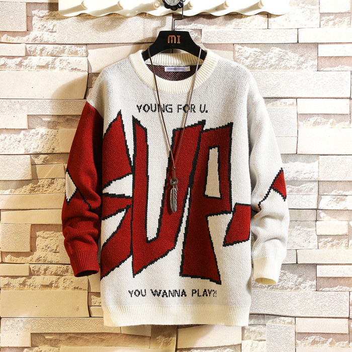 Fashion Harajuku Sweater Men'S HIP HOP Streetwear Pull OverSized Black White Print 2021 Long Sleeves Pullover For Autumn Spring