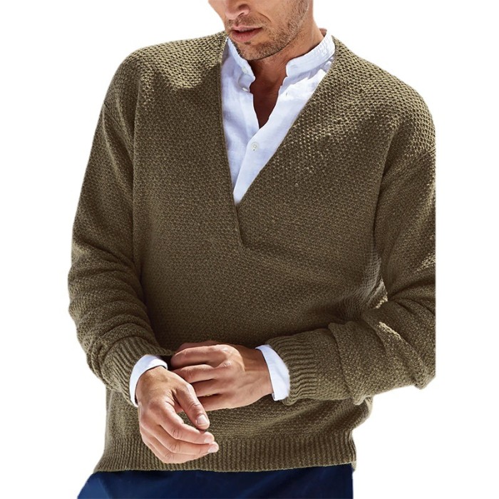 Men's Pullover V Cardigan Solid Color Long Sleeve V-neck Knitted Male Shirt Sweater Coat