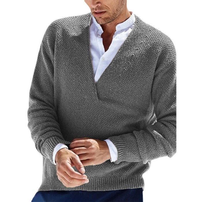 Men's Pullover V Cardigan Solid Color Long Sleeve V-neck Knitted Male Shirt Sweater Coat