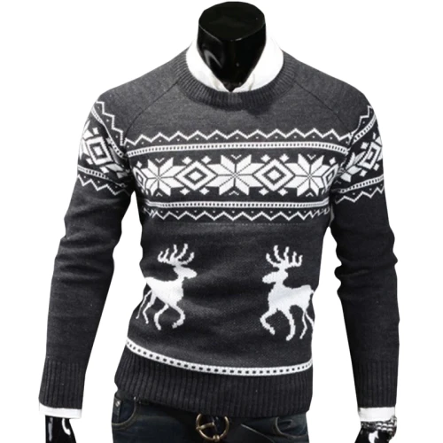 Men Sweater Slim Knitted Christmas Warm Coat Long Sleeves Round Neck Acrylic Pullovers Men Clothing Wool Sweaters Men