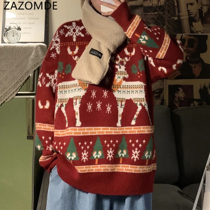Men Sweater Funny Reindeer Printed Christmas Sweatshirt Men Crewneck Winter Xmas Sweaters Jumpers Tops