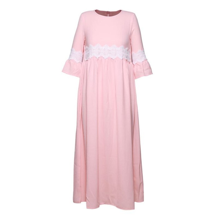 Solid Pink Elegant Lace Trim High Waist Casual Long Dress 2021 Autumn Clothes Women Keyhole Back Length Sleeve Dresses