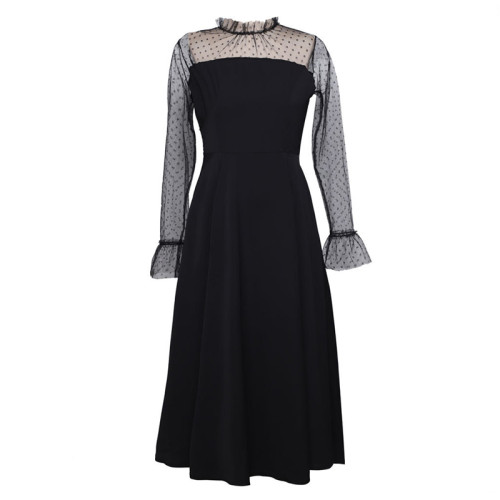 Mesh Long Sleeve 2021 Autumn Clothes Women Keyhole Back Long Dress Black Elegant Party High Waist Vintage Dresses
