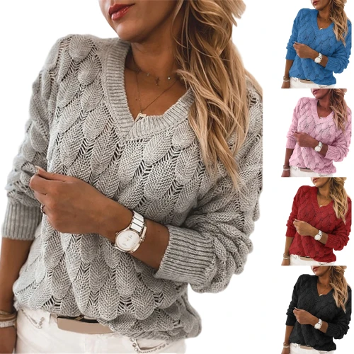 Women V Neck Solid Knitted Casual Sweater Female Fashion Autumn Winter Pullover Loose Long Sleeve Jumpers Sweaters Hot Sale