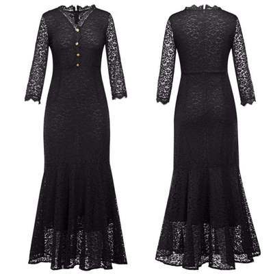 Europe and the United States Fashion Sexy Seven-point Sleeve Lace Dress High Waist v Collar Hook Flower Hollow Button Long Dress