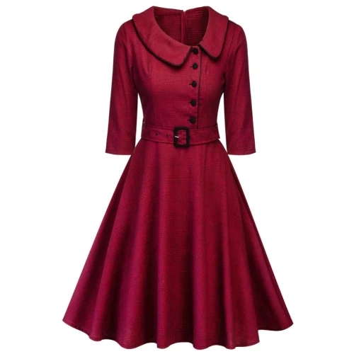 2021Casual Burgundy Elegant Office Lady Plaid  Sleeve Vintage Dress Turn-down Collar Belt Women Retro Spring Autumn Dresses