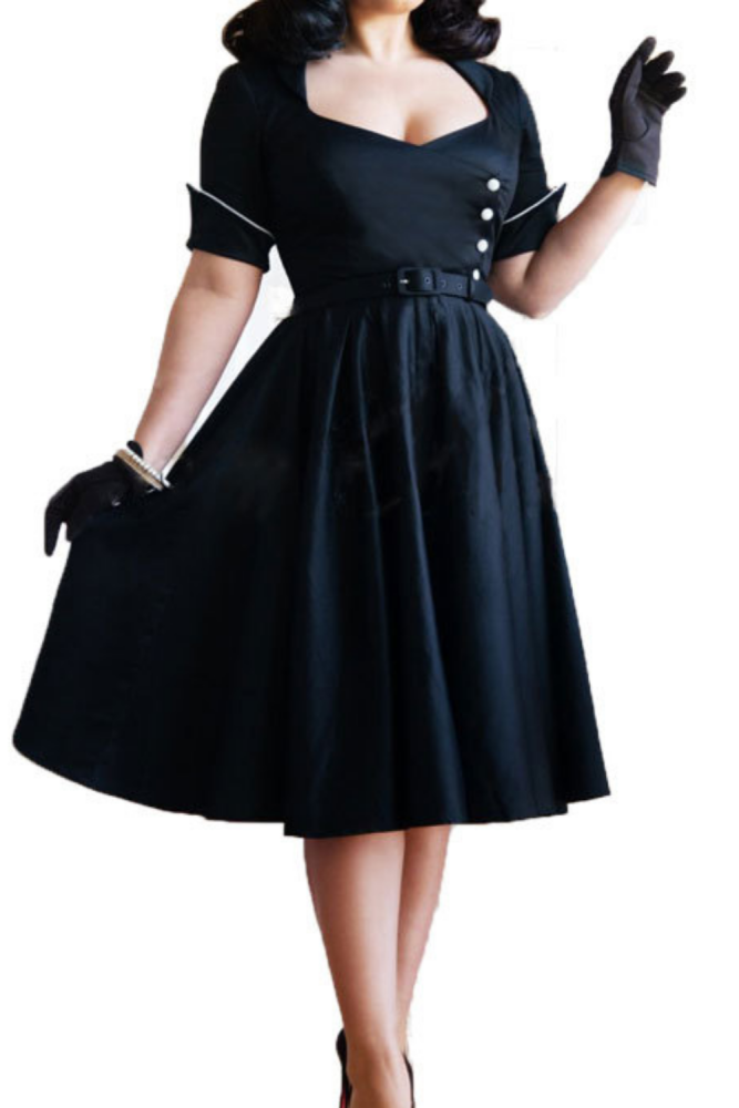 Black Elegant Button Front Women Vintage A Line Dress High Waist Belted Knee Length Ladies Swing Dresses