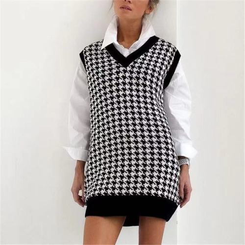 Autumn Winter Loose Houndstooth Women Knitted Vest Sweater Vintage Elegant Mid-Length Autumn Winter Loose Tops Pullover Jersey
