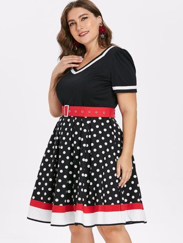 Polka Dot Print Vintage Dress Women Summer V-Neck Sleeveless A-lined Dress Sweetheart Pin Up Party Dresses Belt