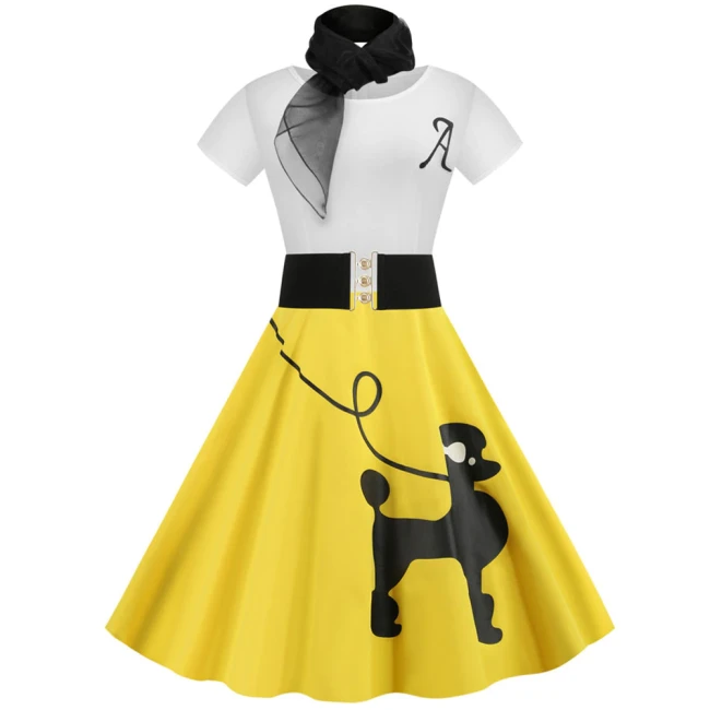 Vintage Poodle Dresses with Scarf Women Clothing  Pinup Vestidos Summer Puppy Retro Casual Party Robe Rockabilly Dresses