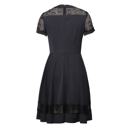 Lace Short Sleeve O-Neck Black Vintage A-Line Night Dresses for Women Solid Color Summer Slim Swing Dress