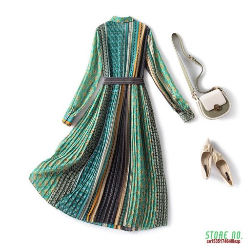 2021 Spring New Ethnic Style Casual Female Plus Size Irregular Printed Green Dress Long Sleeve For Woman