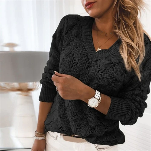 Women V Neck Solid Knitted Casual Sweater Female Fashion Autumn Winter Pullover Loose Long Sleeve Jumpers Sweaters Hot Sale