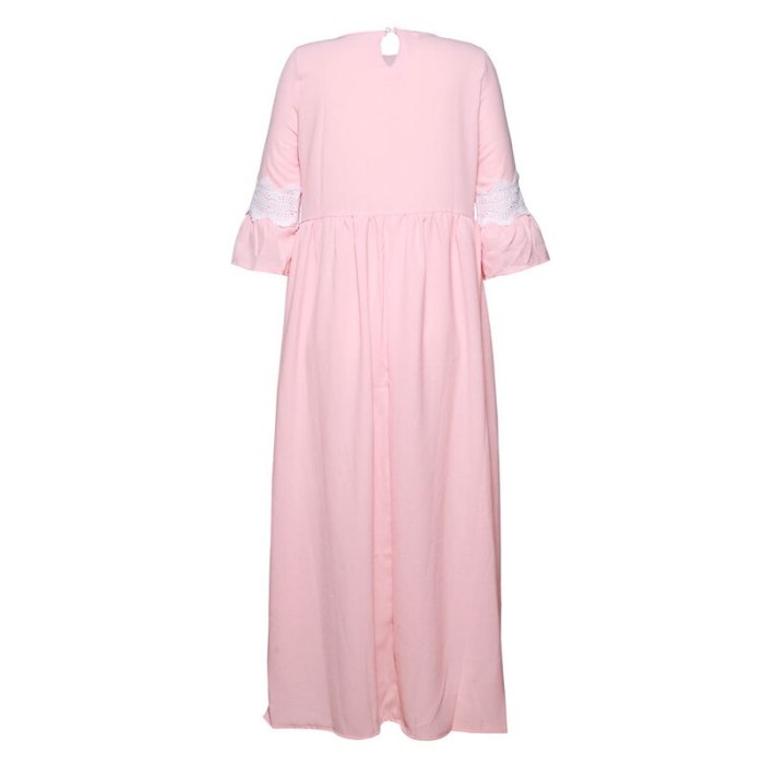 Solid Pink Elegant Lace Trim High Waist Casual Long Dress 2021 Autumn Clothes Women Keyhole Back Length Sleeve Dresses