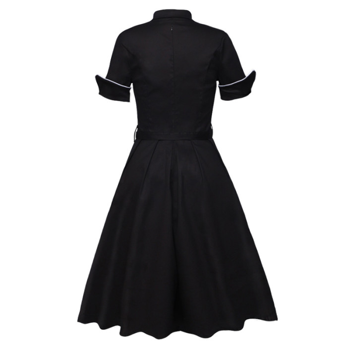 Black Elegant Button Front Women Vintage A Line Dress High Waist Belted Knee Length Ladies Swing Dresses
