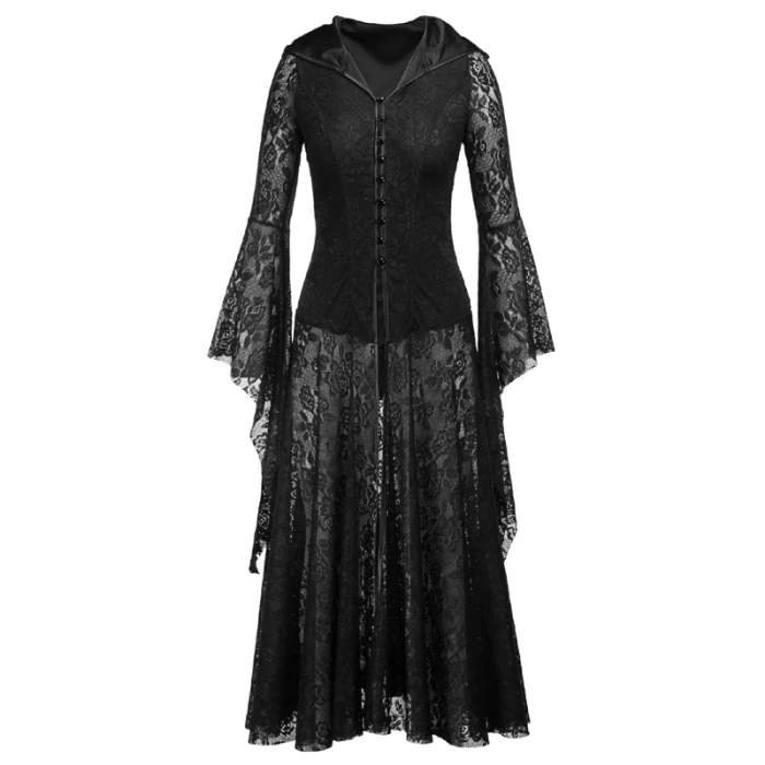 Gothic Hooded Black Halloween Punk Dress Cosplay Women Sexy Lace Goth Long Dress 2021 Victorian Medieval Vintage Steampunk Dress