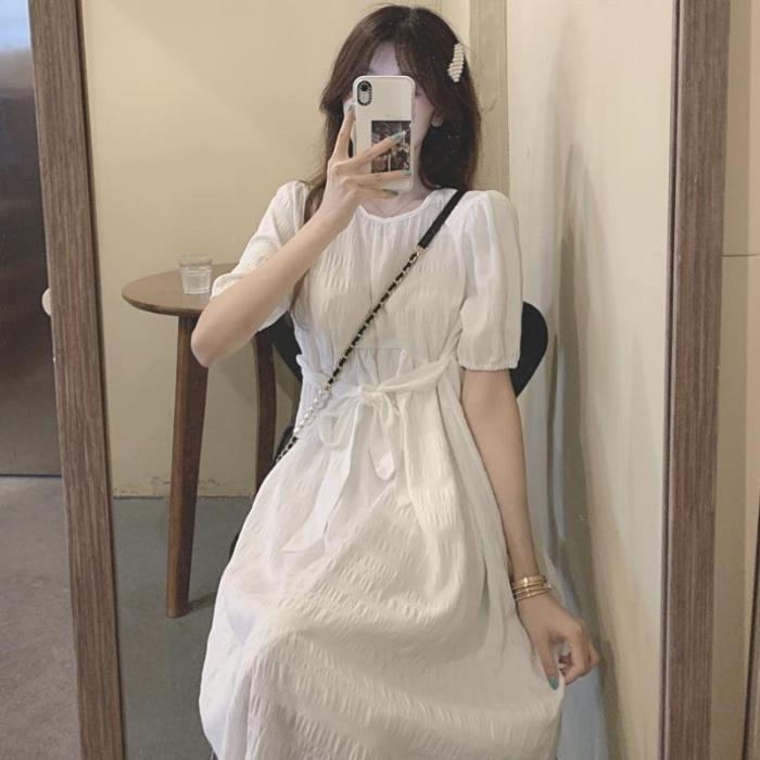 Elegant Casual Dresses for Women 2021 French Soft Girl Style Short Sleeve White Midi Dress  Chic Korean Style Robe Female
