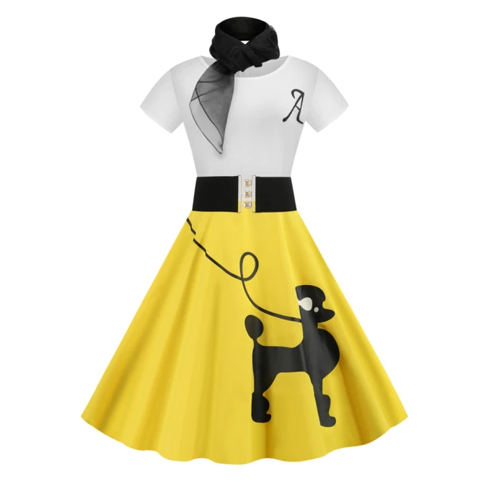 Vintage Poodle Dresses with Scarf Women Clothing  Pinup Vestidos Summer Puppy Retro Casual Party Robe Rockabilly Dresses