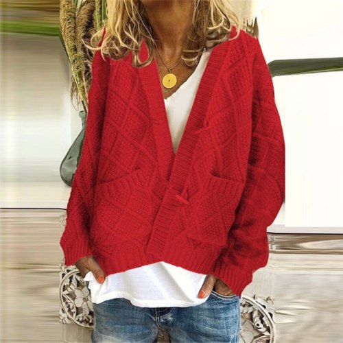 Oversized Sweater Winter Women Y2k Twist Solid Deep V-neck with Pockets Loose Button Cardigan Femme 2021 Sales