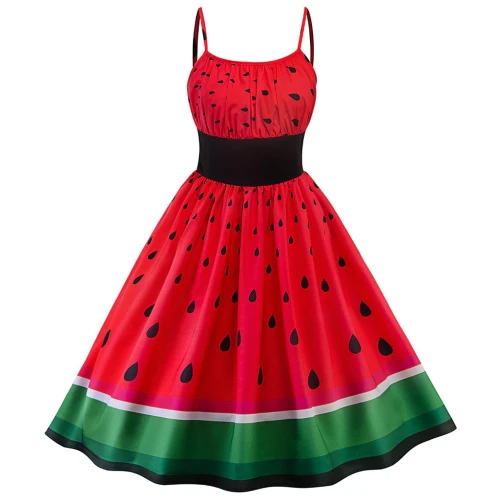 Summer Women Spaghetti Strap Dress Watermelon print Party Retro Rockabilly Swing Dress Cocktail Ballgown Fancy Dress Robe