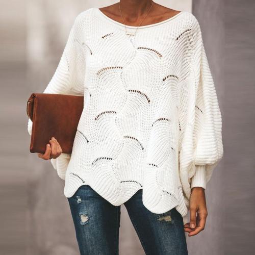 2021 Autumn Women Hollow Out Sweater Elegant Loose Knitted Pullovers Female Casual O Neck Lantern Sleeve Solid Color Sweaters