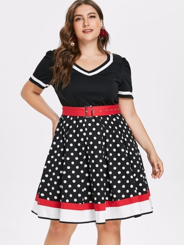 Polka Dot Print Vintage Dress Women Summer V-Neck Sleeveless A-lined Dress Sweetheart Pin Up Party Dresses Belt