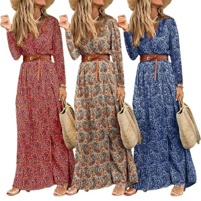 Women Boho Floral Long Dress Ladies Holiday Beach  Maxi   Sleeves