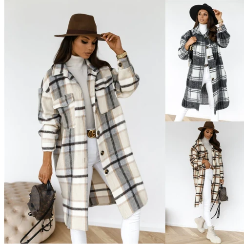 2021 Oversized Women Jacket Fashion Autumn And Winter Button Lapel Casual Warm Plaid Long Woolen Coat Pocket Loose Women's Coat