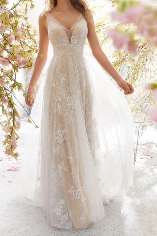 2021 New Wedding  Sexy Slim V-neck Sleeveless Lace Wedding White Dress for Women Party Sheath  Floor-Length  Spaghetti Strap