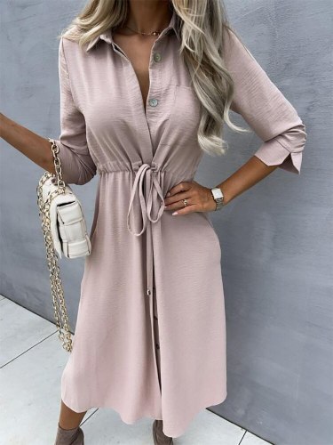 New Women Vintage Front Button Mid Dress Solid Sashes V-neck Half Sleeve Casual Belt Waist Patchwork Office Lady Summer Sundress