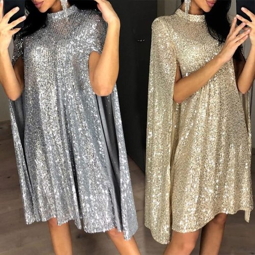 Ladies Elegant High Neck Sequin Cocktail Dress With Sleeves For Cocktail Party Loose Short Formal Dress Robe De Cocktail Femme