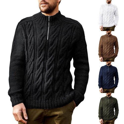 Men's Clothes Classic England Wind Solid Color Thick Sweater Stand Collar Warm Cashmere Wool Zipper Pullover Knitwear Slim Tops