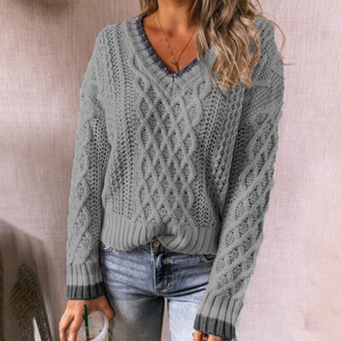 Autumn Deep V Neck Twist Sweater Women Patchwork Long Sleeve Tops Pullover 2021 Winter Loose Office Lady Knitted Sweater Jumper