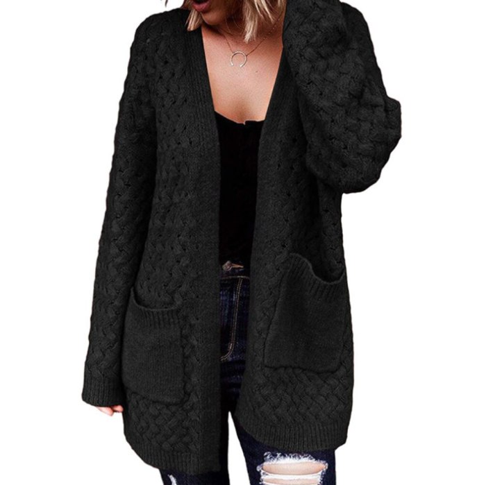 Knitted Long Cardigan Autumn Winter Hollow Out Casual Pocket Cardigans Overwear Office Ladies Loose Basic Sweater Coats