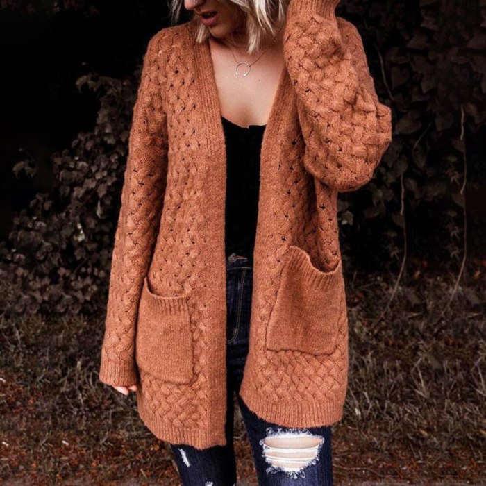 Knitted Long Cardigan Autumn Winter Hollow Out Casual Pocket Cardigans Overwear Office Ladies Loose Basic Sweater Coats