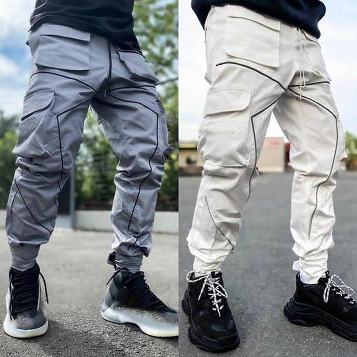 Cargo Pants Men Cargo Pants With Pockets Reflective Solid Color Legging Running Sports Multi Pocket Trousers