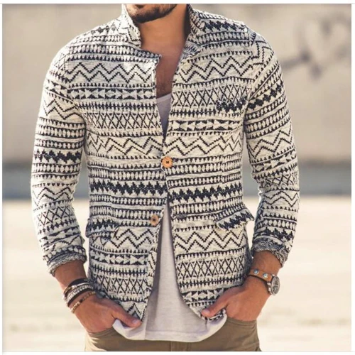 Autumn 2021 Men Lapel Printing Single-Breasted Pocket Long Sleeve Kniting Cardigan Streetwear Vintage Casual Slim Sweater S-3XL