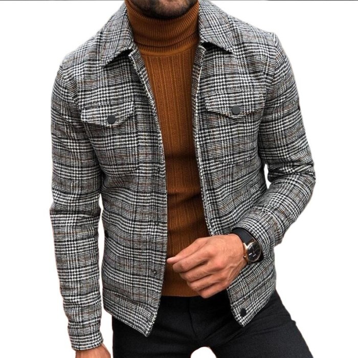 Fashion Jacket Men Spring Autumn Men's Slim Plaid Coat Men Clothing Turn-down Collar Single Breasted Casual Outerwear & Coats