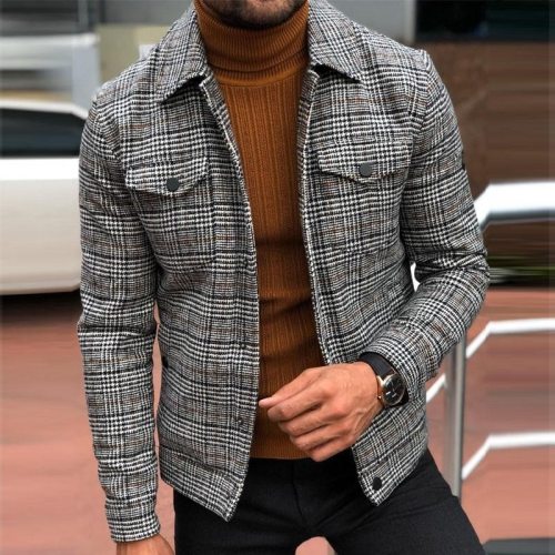 Fashion Jacket Men Spring Autumn Men's Slim Plaid Coat Men Clothing Turn-down Collar Single Breasted Casual Outerwear & Coats