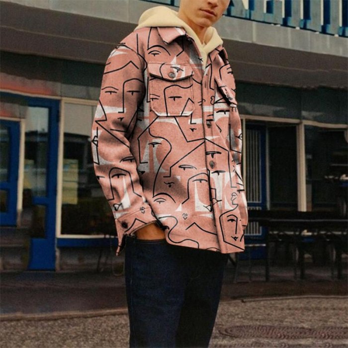 Men Fashion Jacket 2021 Spring/Autumn Print Turn-down Collar Youth Jacket Long Sleeve Loose Single Breasted Casual  Donsignet