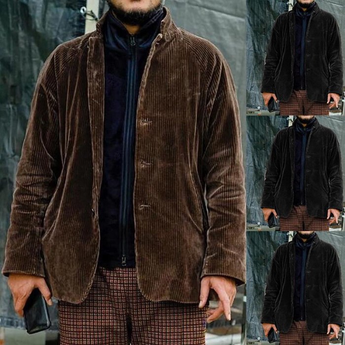 Mens Turtleneck Streetwear Jacket Vintage Retro Corduroy Jacket Coat Autumn Button Loose Bomber Jacket Pockets Cotton