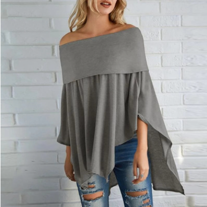 Sweater Women Poncho Pullover Sweater Overlay Solid Tops Off Shoulder Knitted Cloak Irregular Polyester Slash Neck