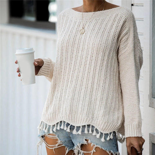 Autumn Oversize Knitted Women's Sweaters Tassel O neck Long Sleeve Female Sweater Streetwear Patchwork Loose Solid Lady Pullover