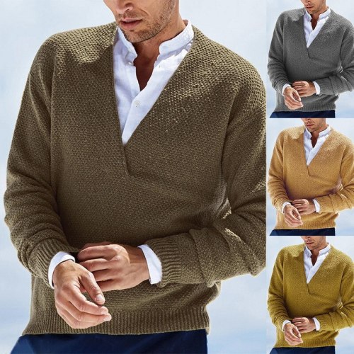 Men's Stylish Vintage Style Basic Knitted Solid Color Pullover Sweater Long Sleeve Sweater Winter Cardigans Shirt Collar