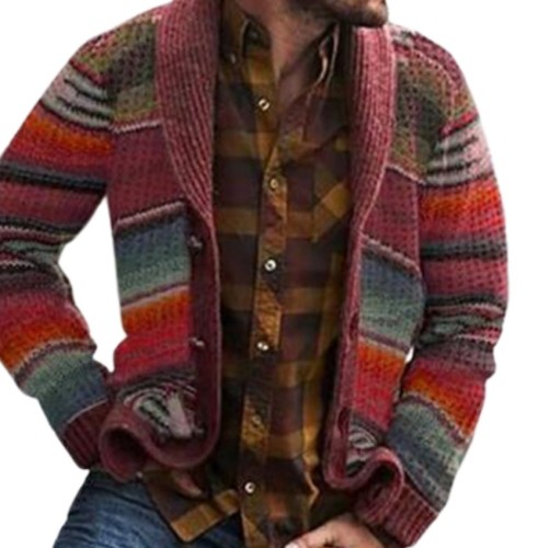 Casual Lapel Rainbow Striped Sweater