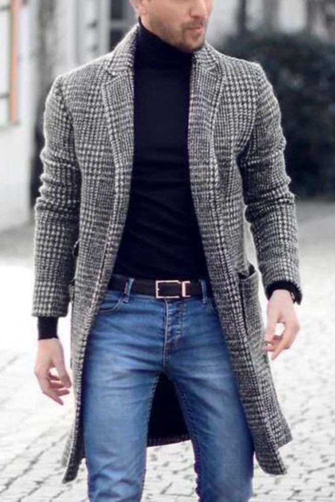 Men's Wool Blends Coats Korean Male Warm Clothes Wool Overcoat 2020 Autumn Black White Plaid Blends Long Men Jacket Plus Size