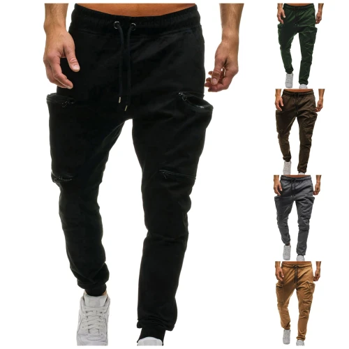 Sport Casual Cargo Pants Men's Jogger Mid-waist Lace-up Zipper Pocket Fashion Casual Sports Jogging Pants Sweatpants Trousers