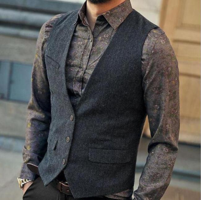 Men's Vest Suit Boutique Wool Tweed Slim Fit Leisure Cotton Male Gentleman Beckham Business Waistcoat For Wedding Groomsmen