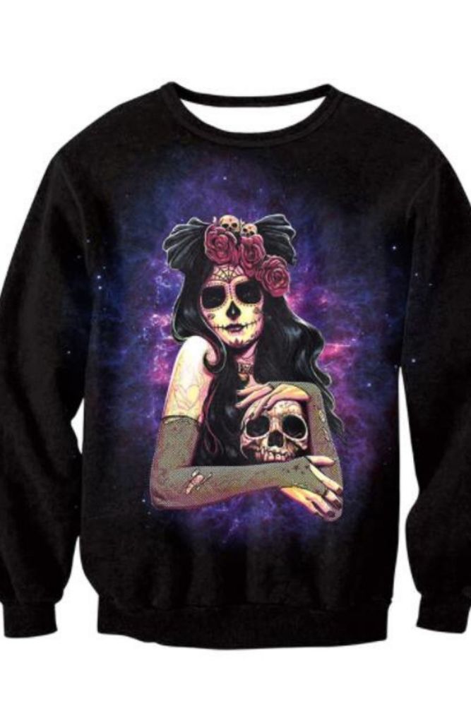 FASHION Oversized Women Fashion Halloween Skull Festival Party Long-sleeved Sweatshirt Casual Hoodie Pullover Clothes